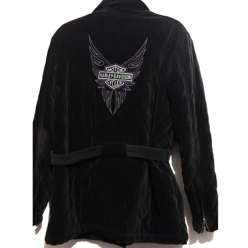 RARE Harley Davidson quilted  crush velvet jacket embroidery belted